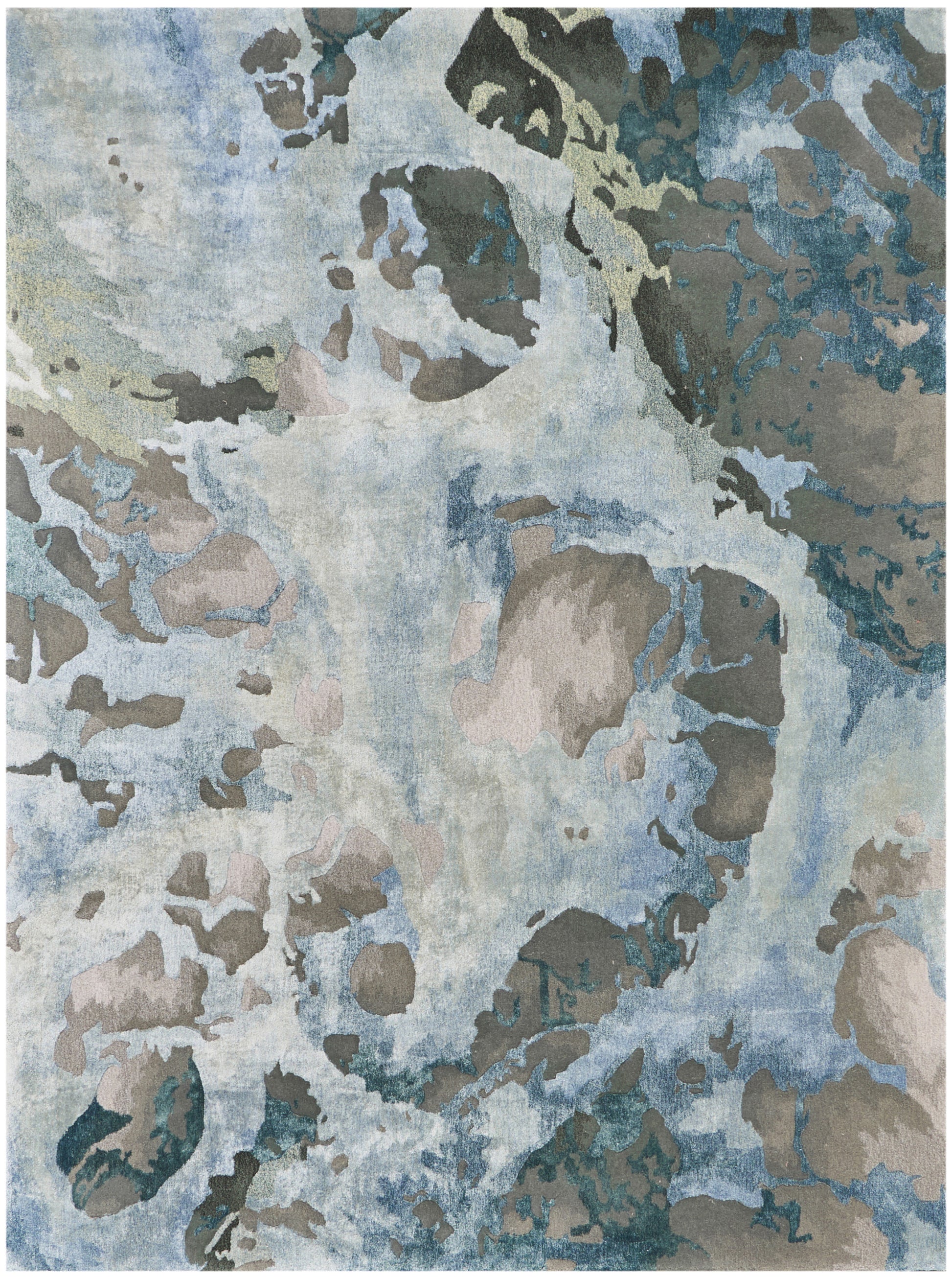 Abstract blue-gray area rug with watercolor washes and taupe pebble shapes, modern organic pattern.