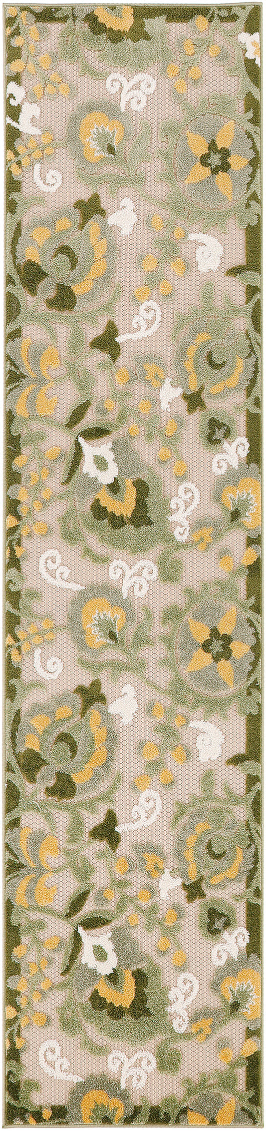 Floral runner rug with olive greens, yellow accents and white scrolls on a pale pink-beige background.