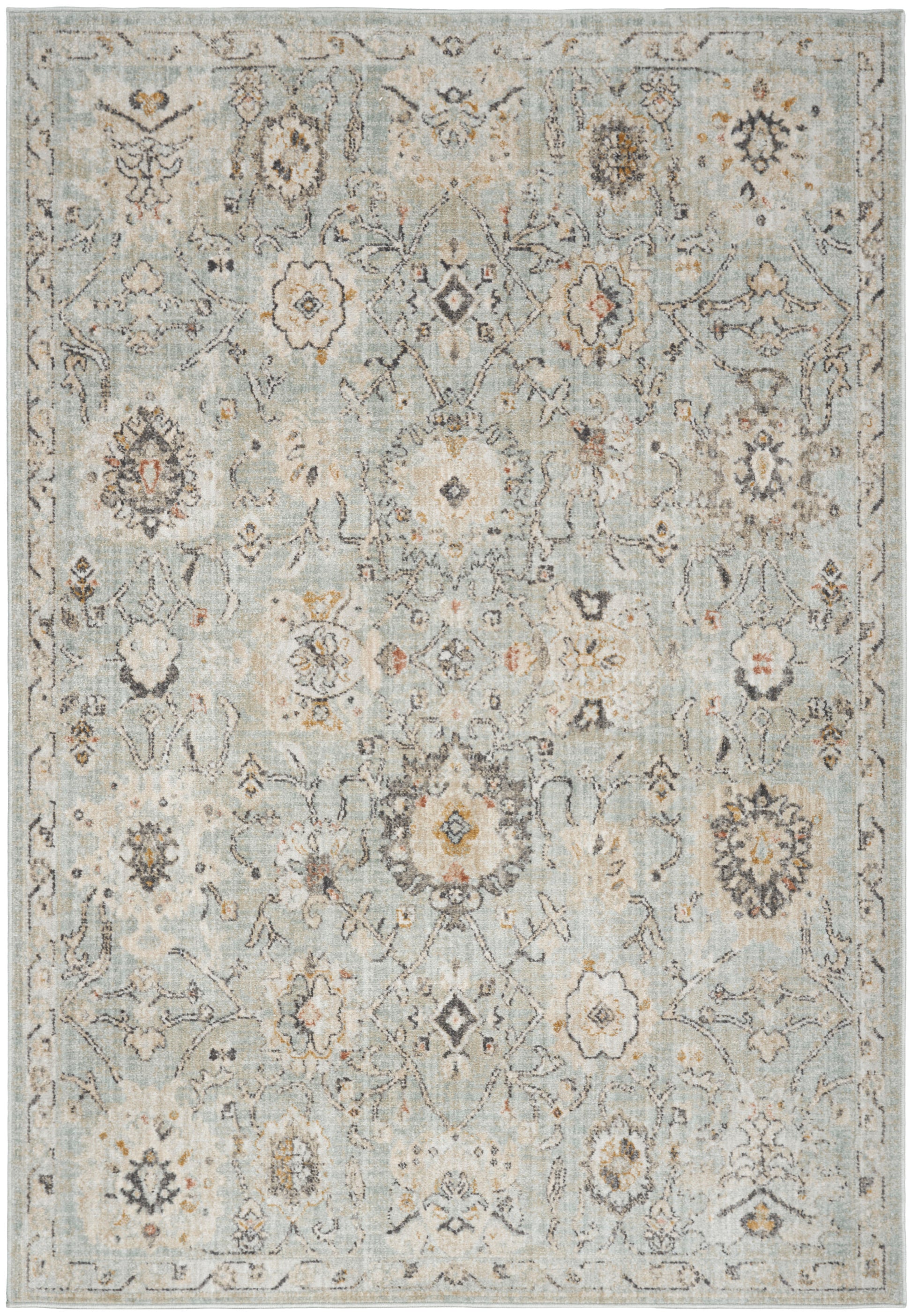 Vintage distressed light blue area rug with ivory & taupe floral medallion motifs and soft, muted detailing.