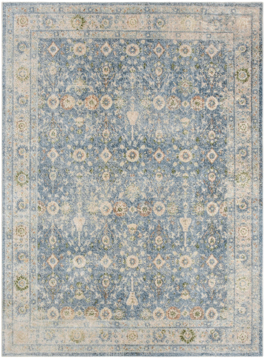 Distressed blue oriental rug with ivory border and floral medallion pattern; vintage rectangular area rug for living room.
