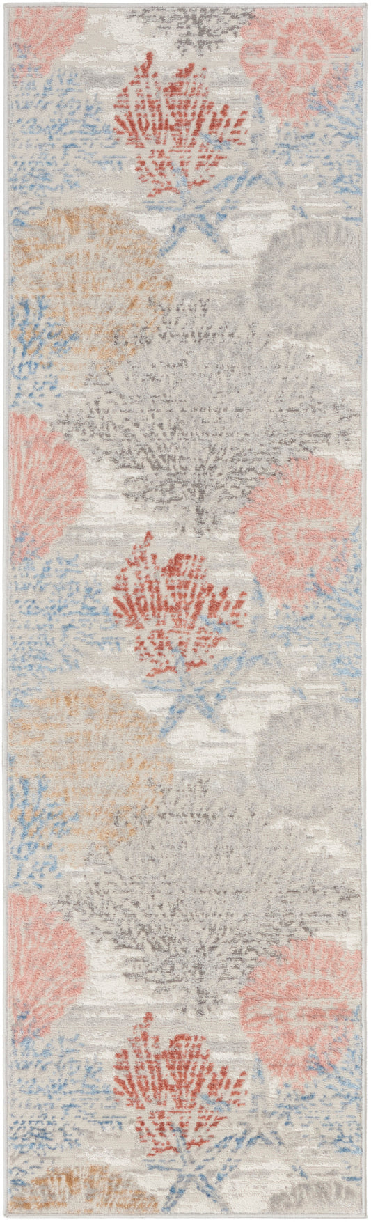 Soft neutral runner rug with abstract watercolor florals in coral, peach, blue & gray.