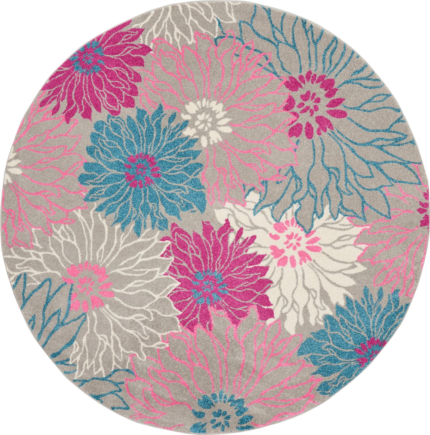 Round floral area rug with large pink, magenta, teal and white flowers on a light gray background.