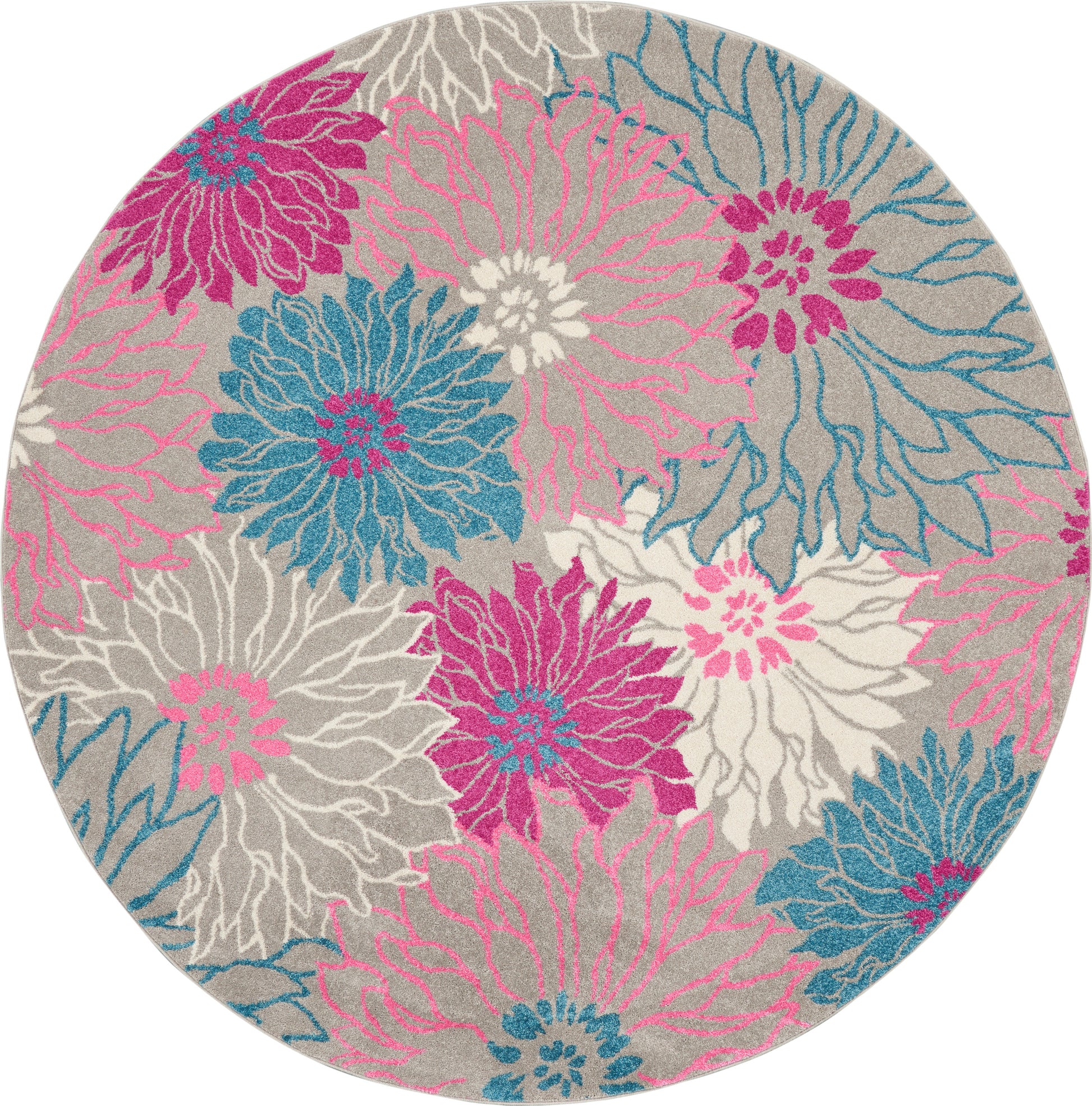 Round floral area rug with large pink, magenta, teal and white flowers on a light gray background.