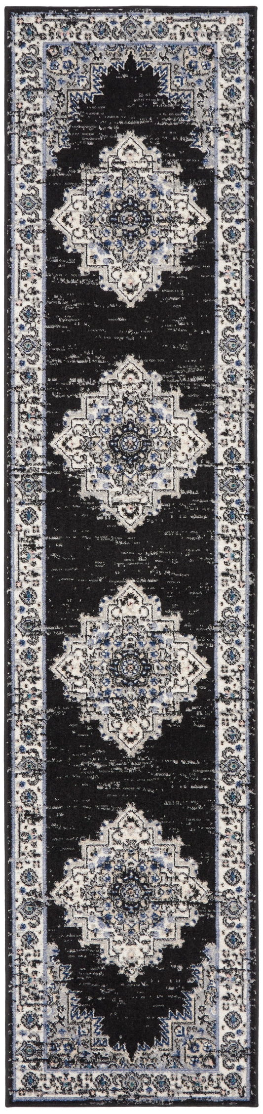 Narrow black Persian-style runner rug with ivory and blue medallions and an intricate floral border.