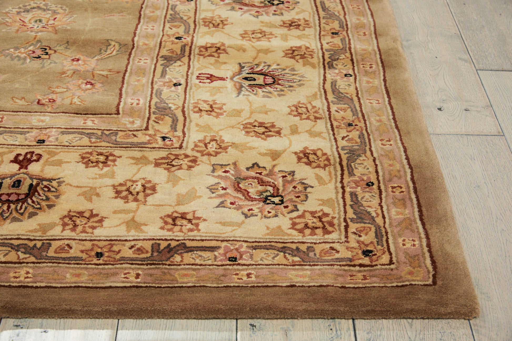 Beige oriental area rug with a golden-brown border and floral motifs on a light wooden floor.