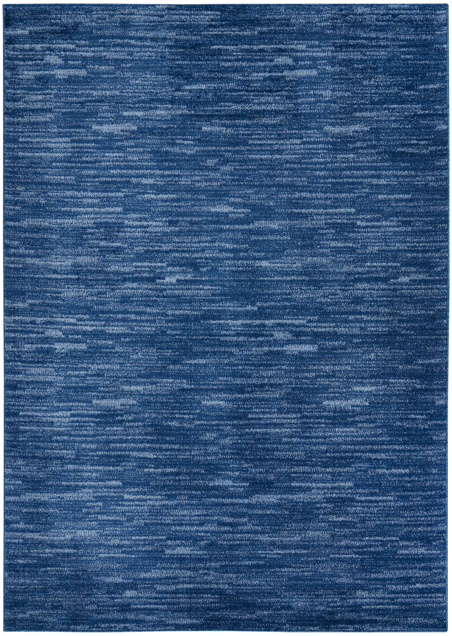 Rectangular blue outdoor textured area rug with subtle horizontal striations in deep and mid denim tones.