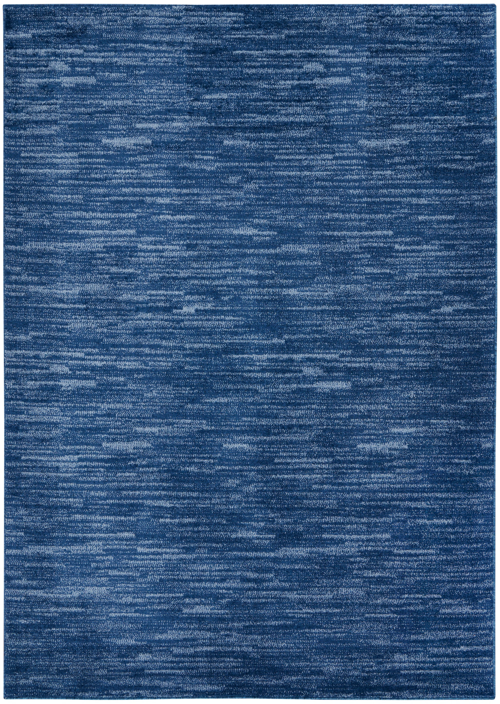 Rectangular blue outdoor textured area rug with subtle horizontal striations in deep and mid denim tones.