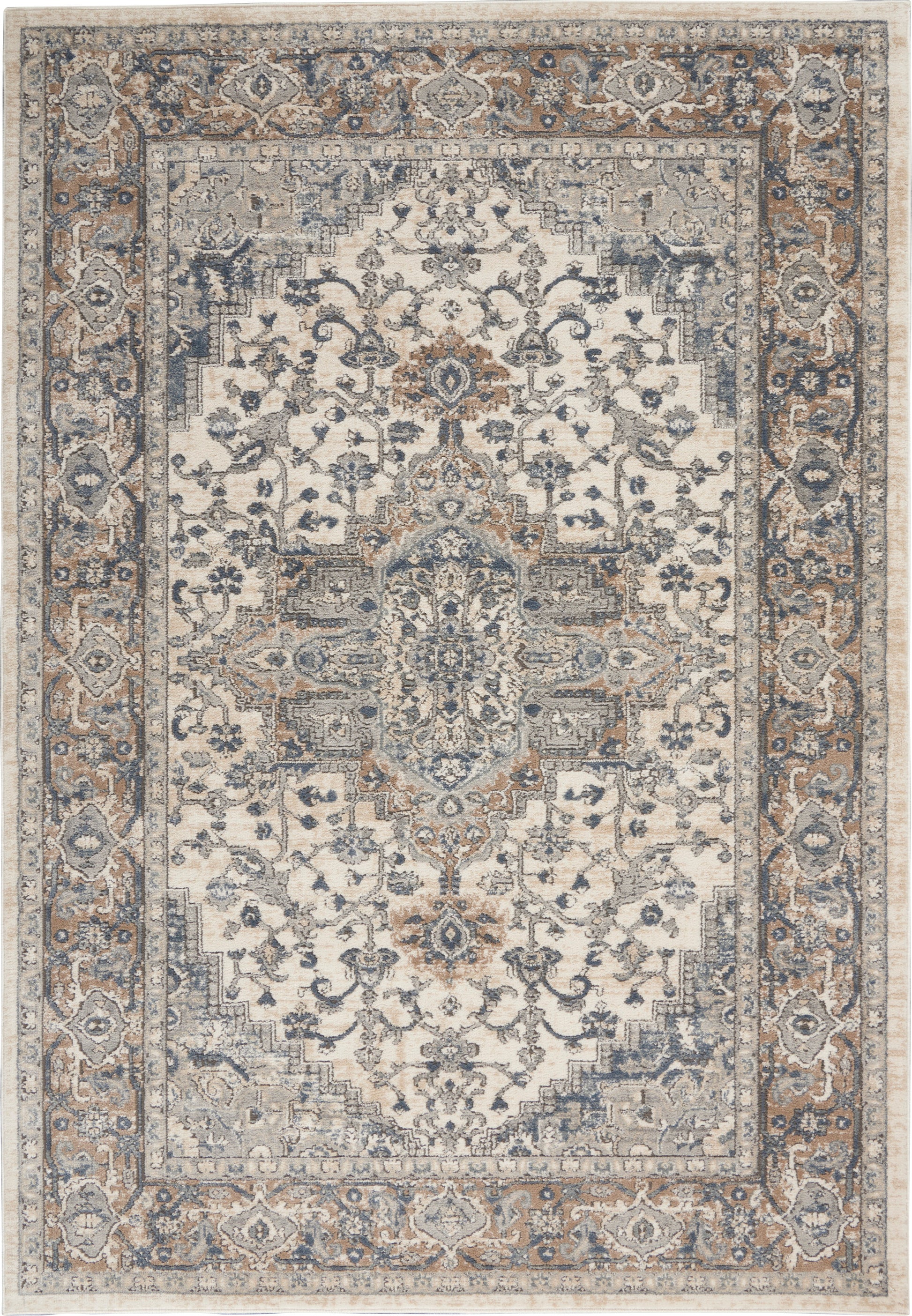 Persian-style area rug with cream field, blue & taupe floral medallion & ornate border.