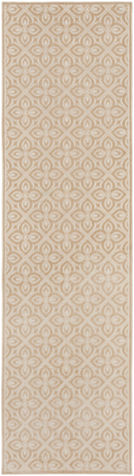 Beige wallpaper with repeating cream damask circular medallion motif; elegant classic interior wall decor.