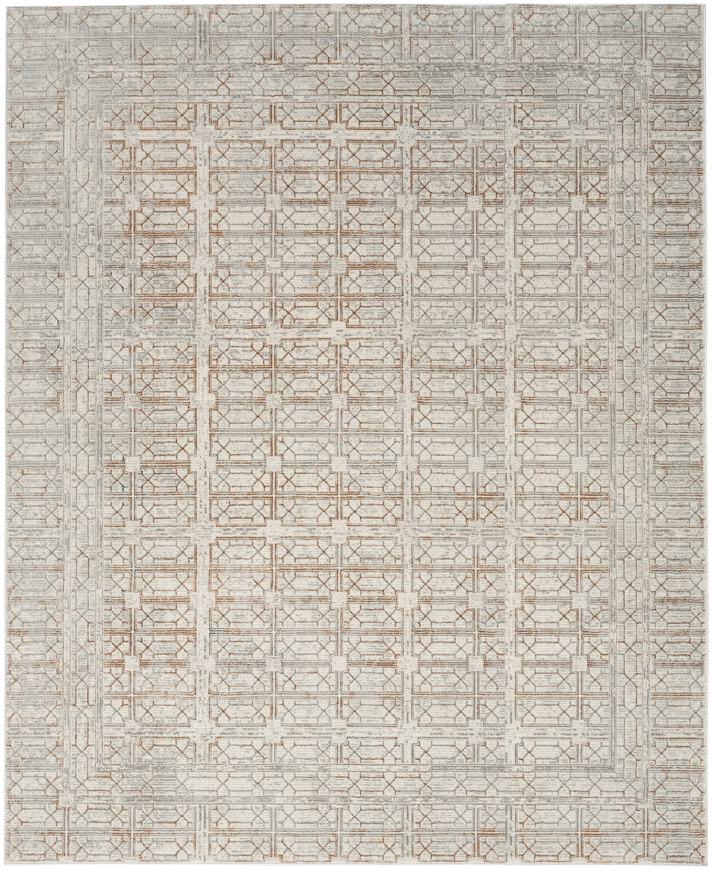 Neutral-toned area rug featuring a repeating geometric lattice pattern in beige, taupe & light gray.