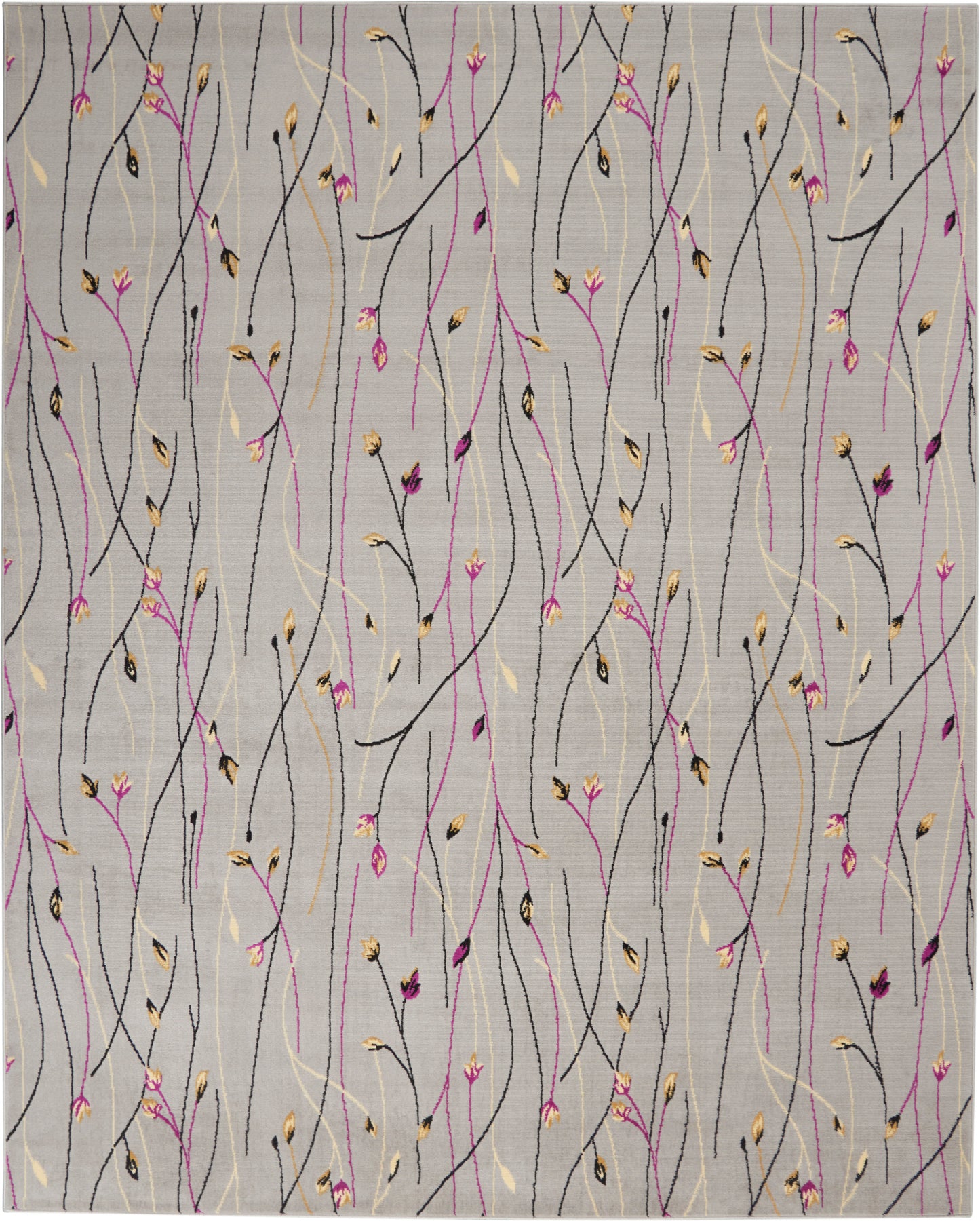 Grey rug with thin multicolored, curved stems in black, pink, purple and gold, small buds, abstract floral pattern.