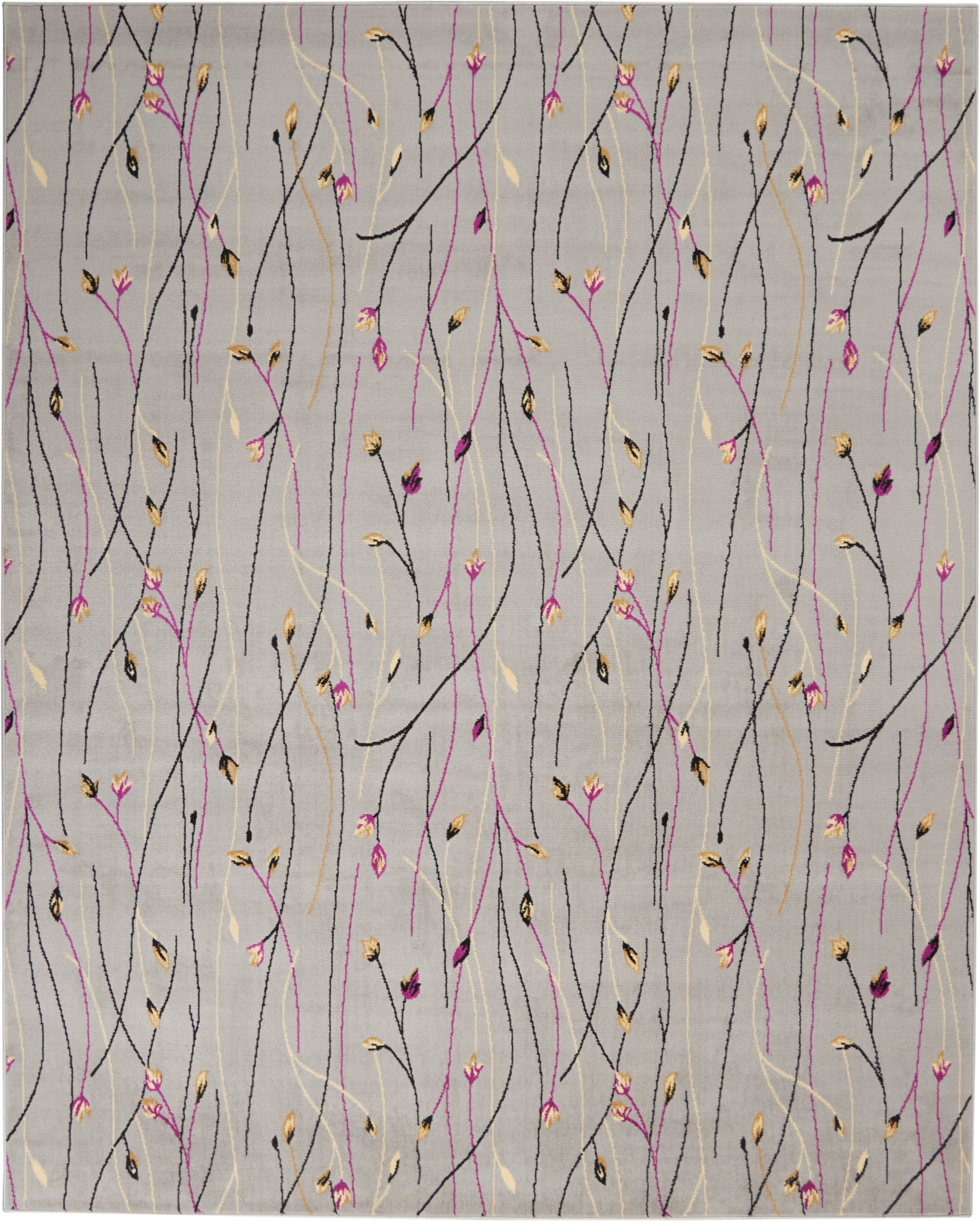 Grey rug with thin multicolored, curved stems in black, pink, purple and gold, small buds, abstract floral pattern.