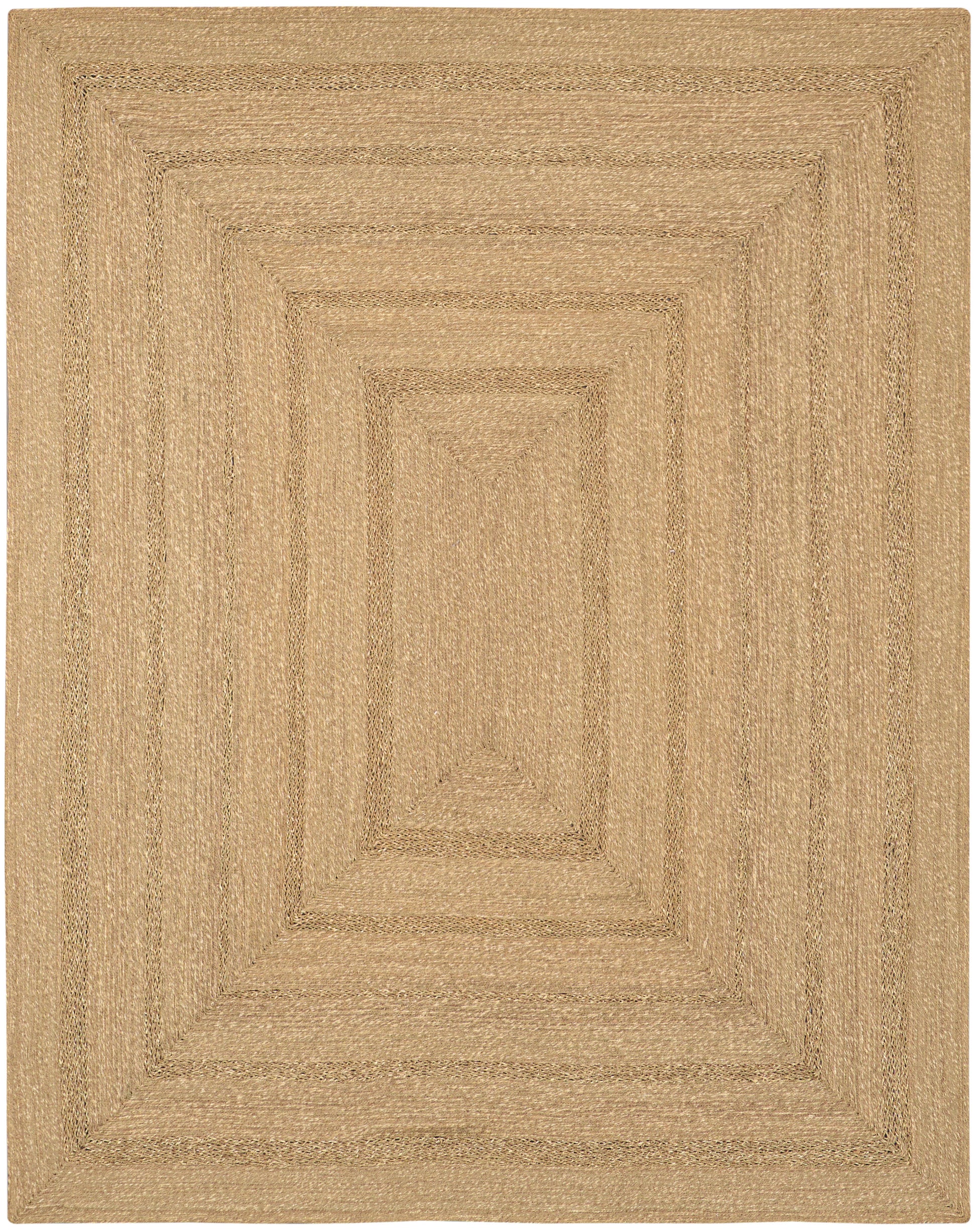 Natural beige jute rug with layered concentric rectangular braids and textured woven pattern.