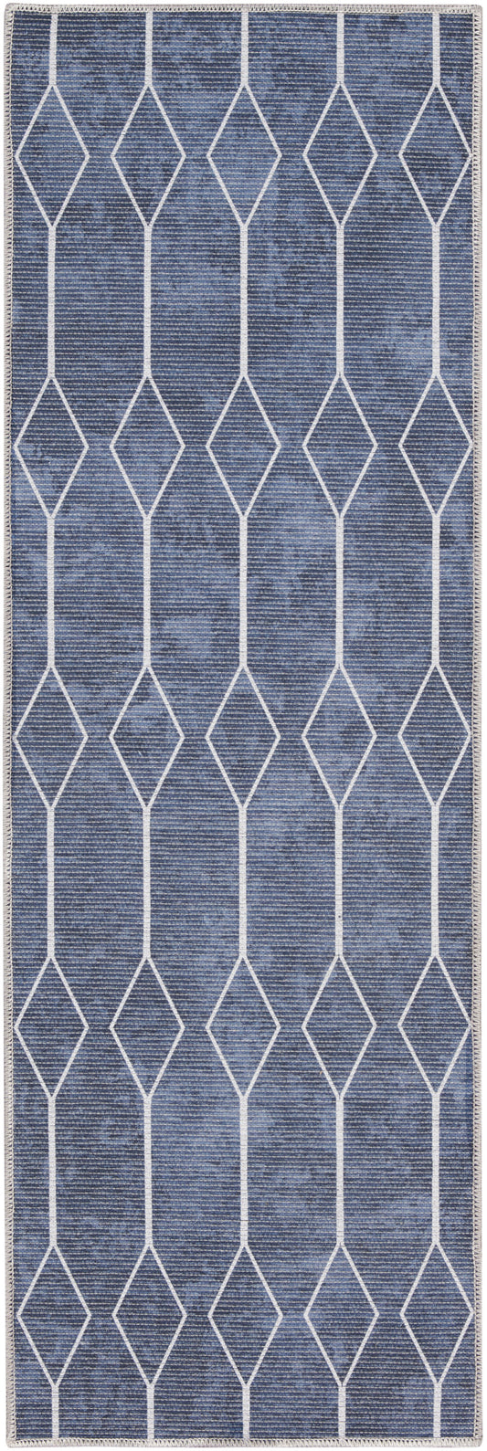 Blue denim-style runner rug with white diamond lattice pattern and fringe edges.