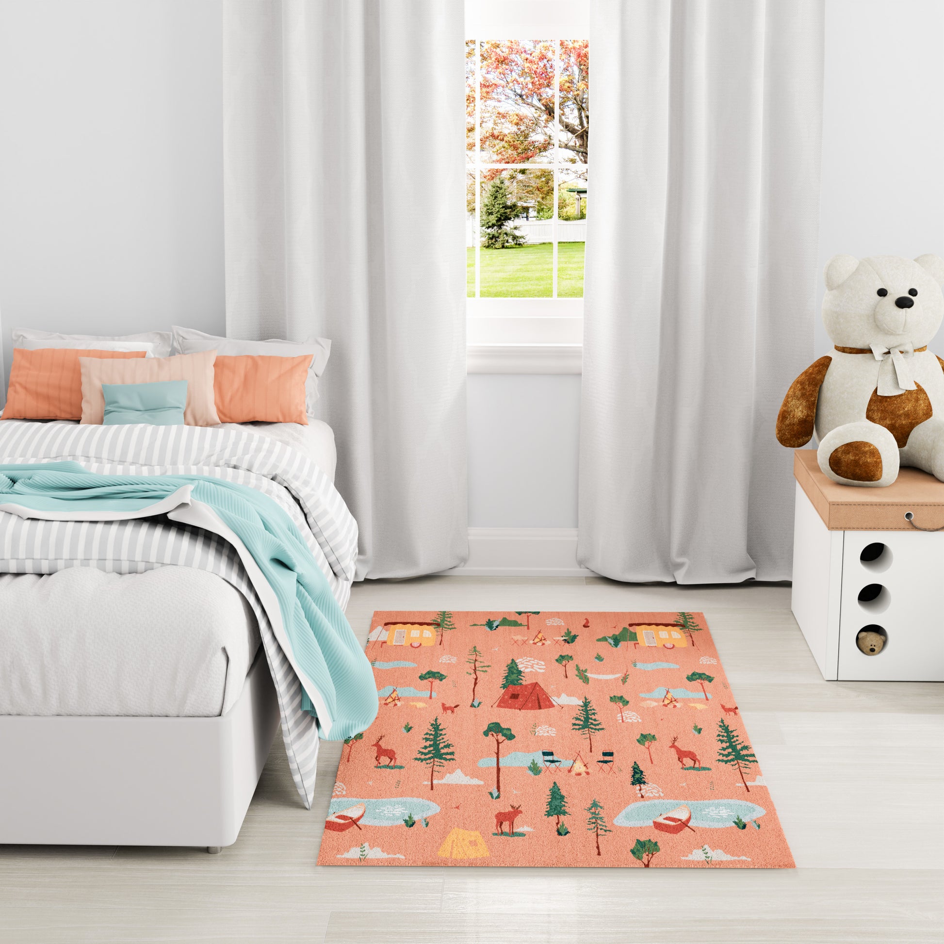 Cozy kids' room with a peach woodland rug, white bed with pastel pillows, aqua throw, curtains, and a teddy on a dresser.