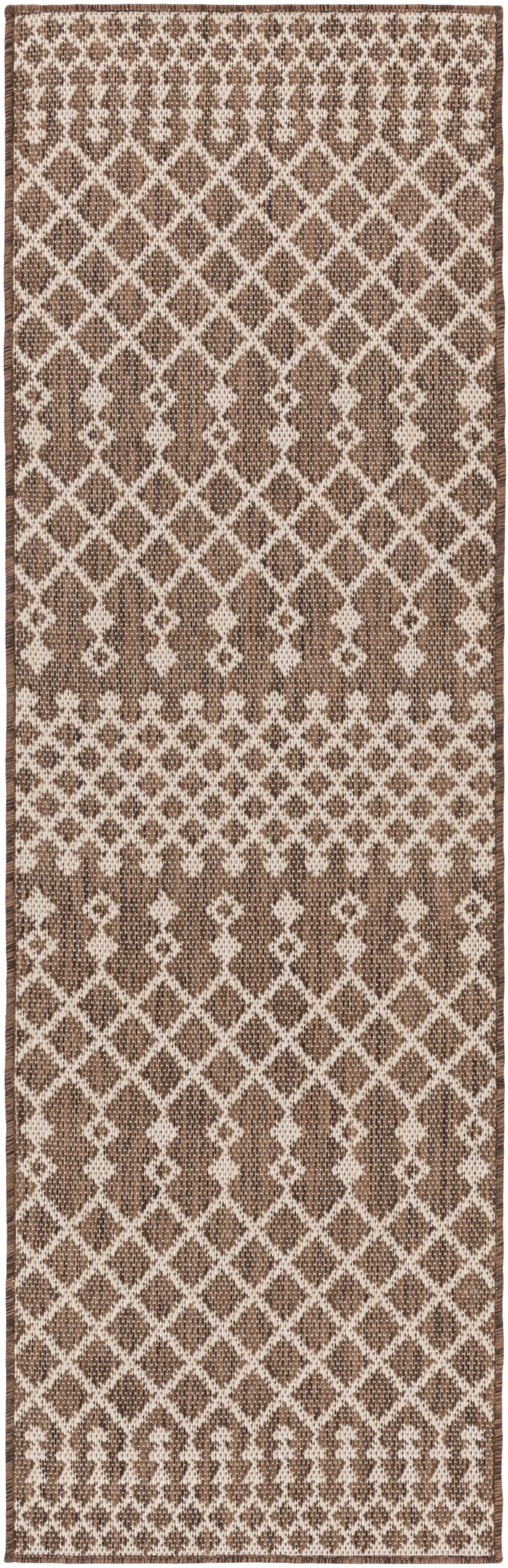Brown and cream woven runner rug with a repeating diamond lattice pattern.
