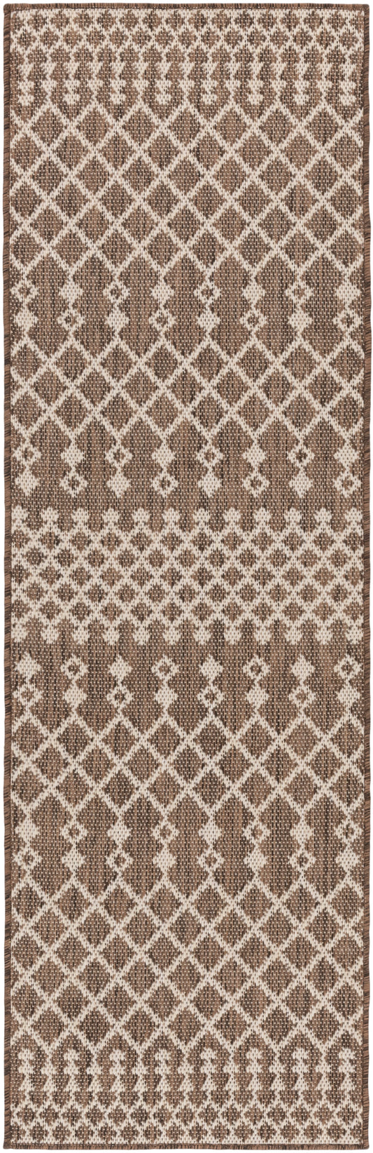 Brown and cream woven runner rug with a repeating diamond lattice pattern.