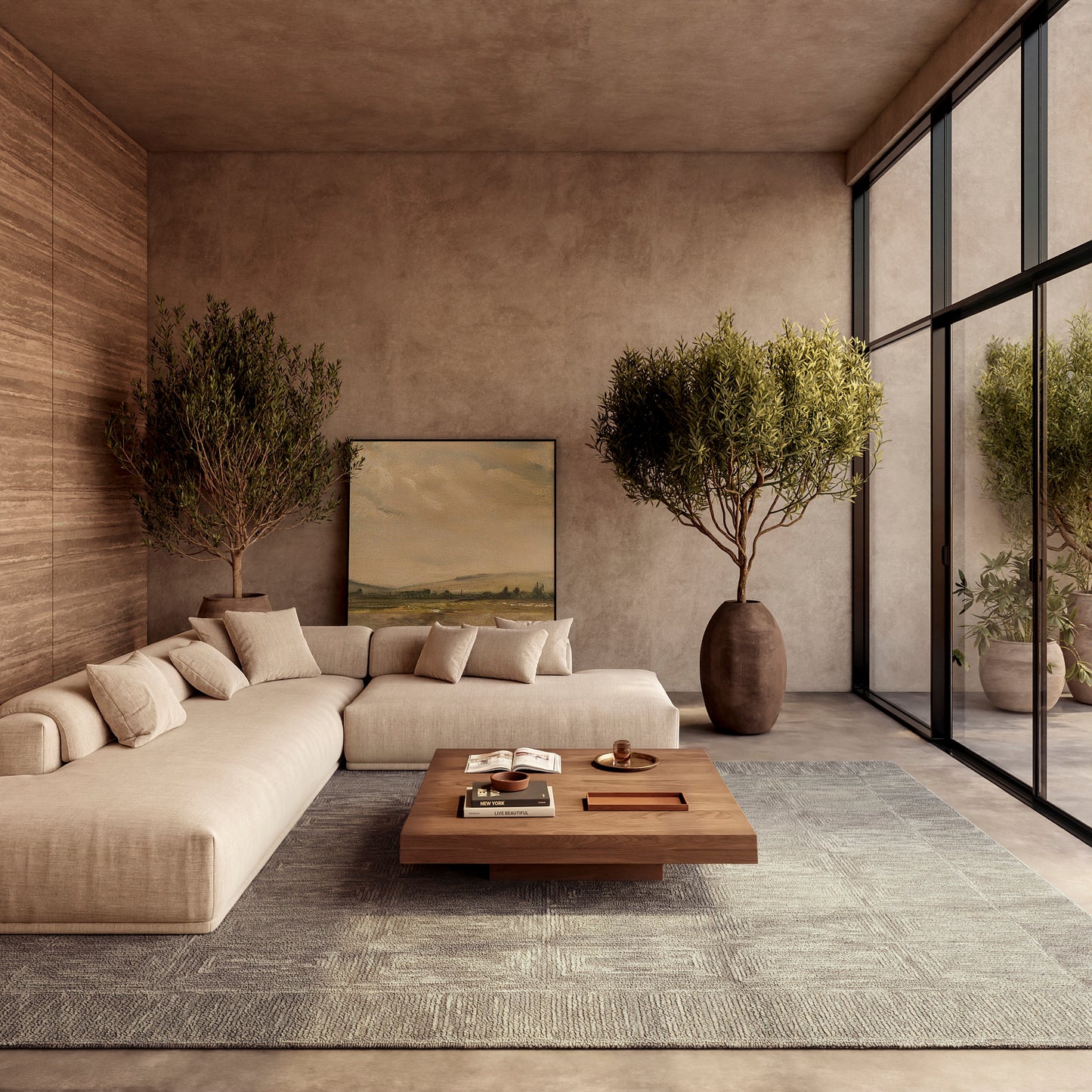 Beige modular sofa with cushions in a warm, contemporary living room; wooden coffee table, rug, potted trees, and glass wall.