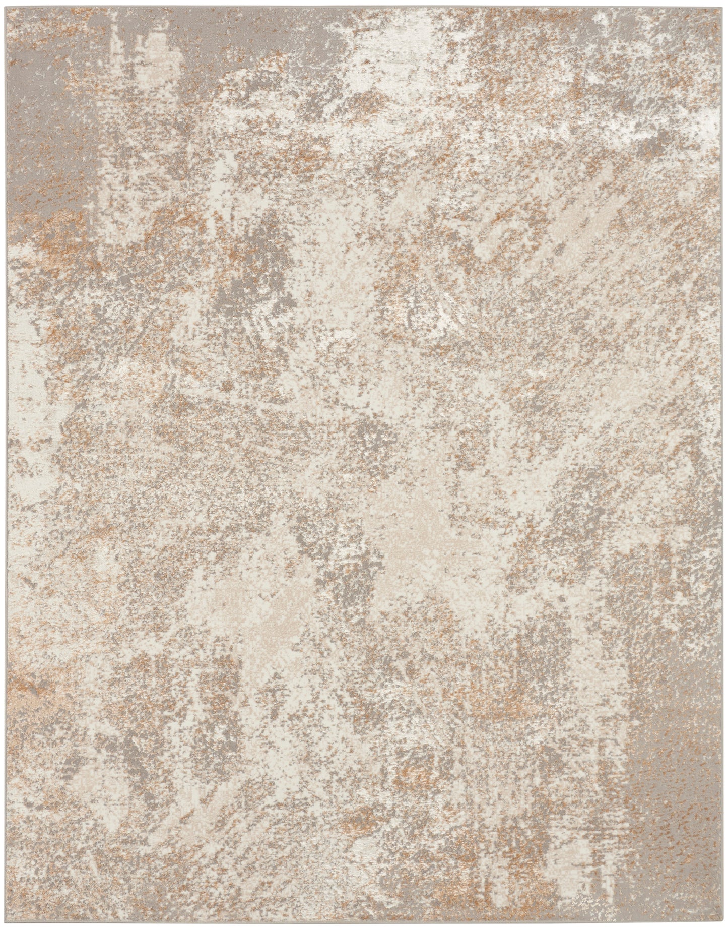 Abstract distressed beige area rug with ivory and taupe tones, soft plush pile.