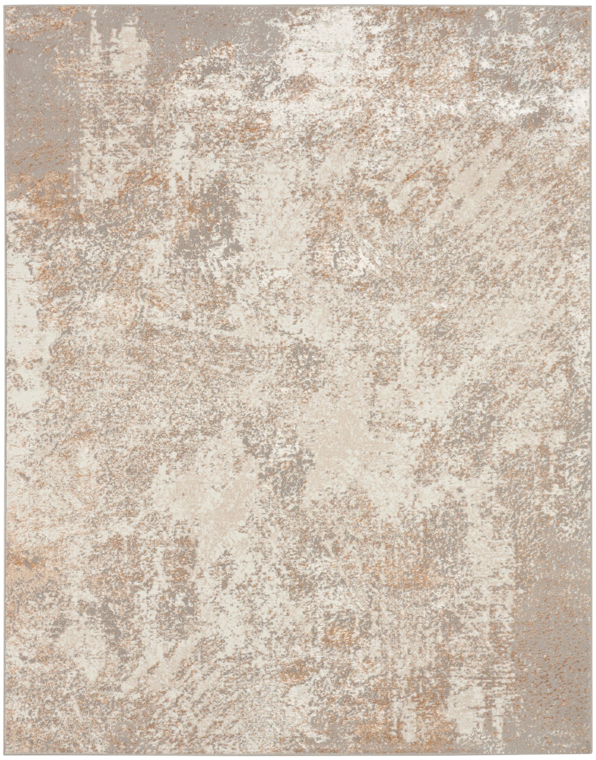 Abstract distressed beige area rug with ivory and taupe tones, soft plush pile.