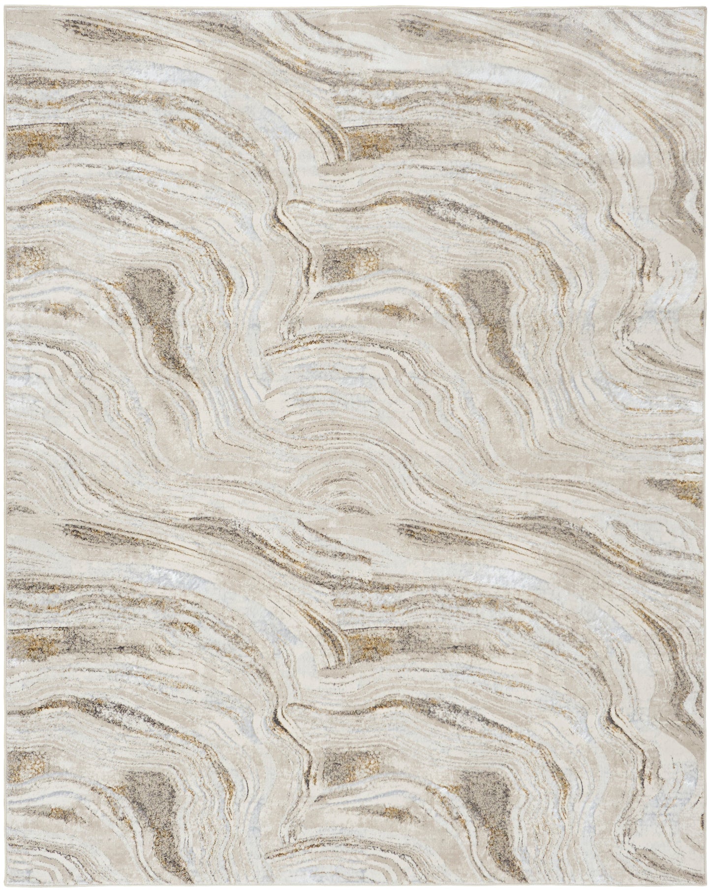 Beige and cream area rug with flowing marble-like tan swirls and soft woven texture.