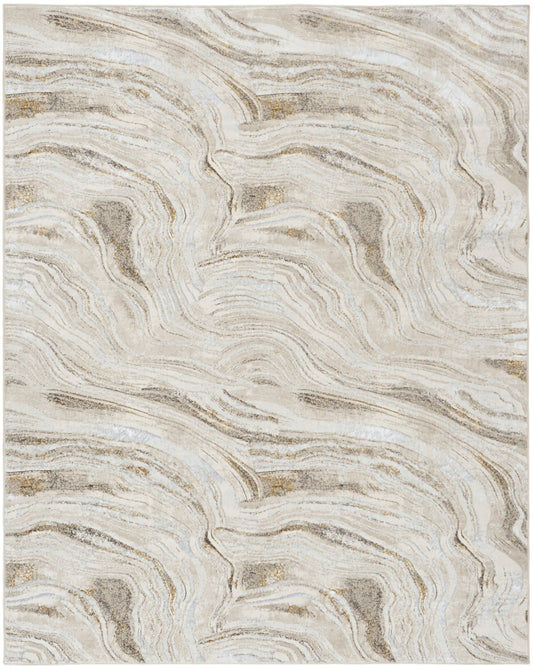 Beige and cream area rug with flowing marble-like tan swirls and soft woven texture.