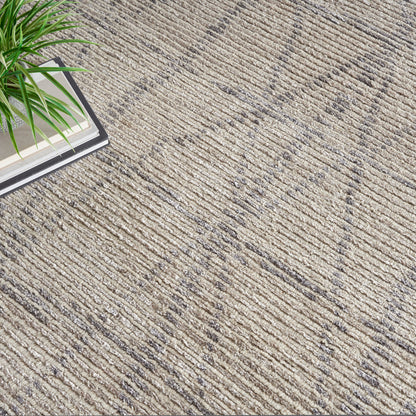 Beige textured rug with linear ridges; corner features a small green leafy plant and a stack of books.