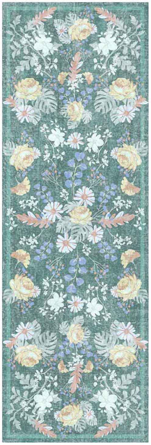 Vertical floral rug runner on a teal background with yellow roses, white daisies, purple blooms and an ornate symmetrical garland border.