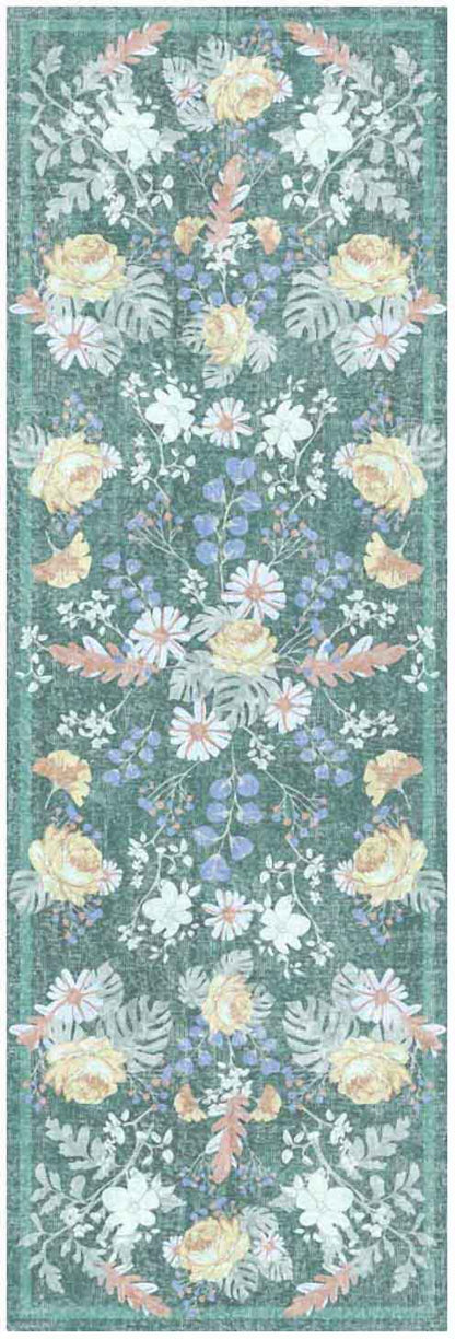 Vertical floral rug runner on a teal background with yellow roses, white daisies, purple blooms and an ornate symmetrical garland border.