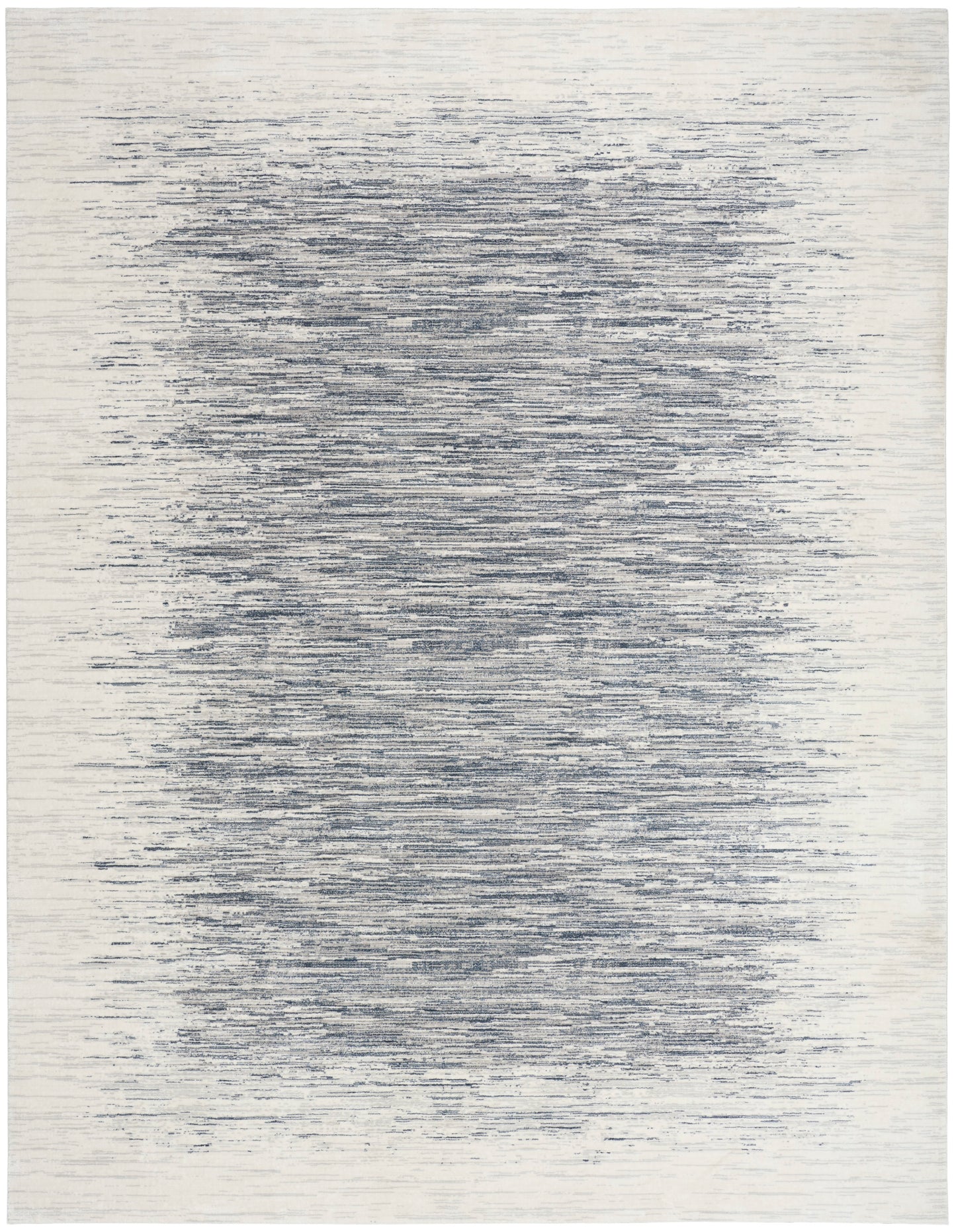 Rectangular area rug with ivory base and irregular navy brushed lines forming a subtle, cloudy center.