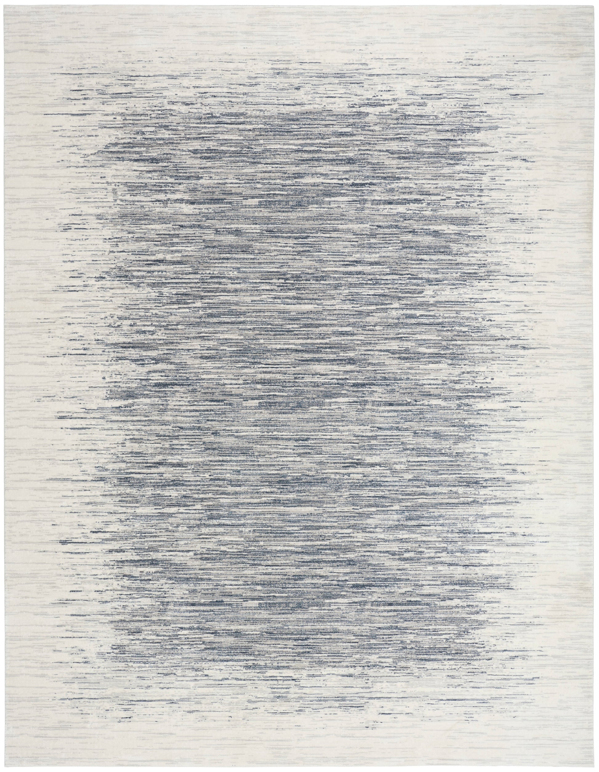 Rectangular area rug with ivory base and irregular navy brushed lines forming a subtle, cloudy center.
