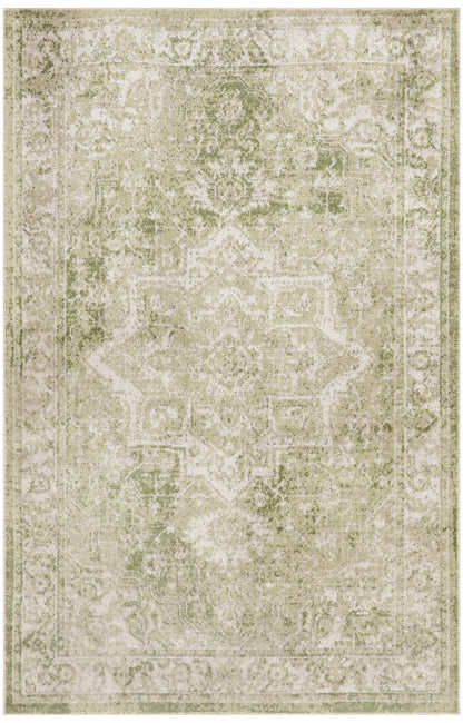 Distressed beige oriental rug with muted olive undertones, central medallion and decorative border; vintage-inspired.