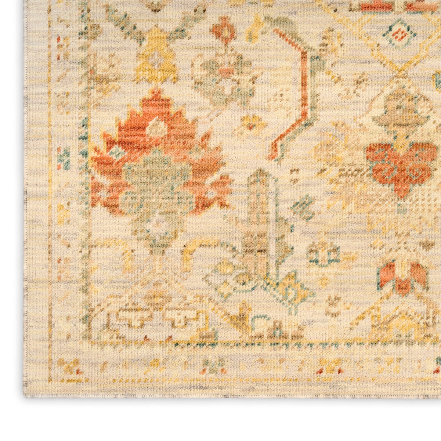 Beige vintage runner with muted red floral medallions and blue-yellow accents; traditional Persian-inspired design.