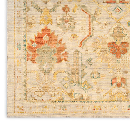 Beige vintage runner with muted red floral medallions and blue-yellow accents; traditional Persian-inspired design.