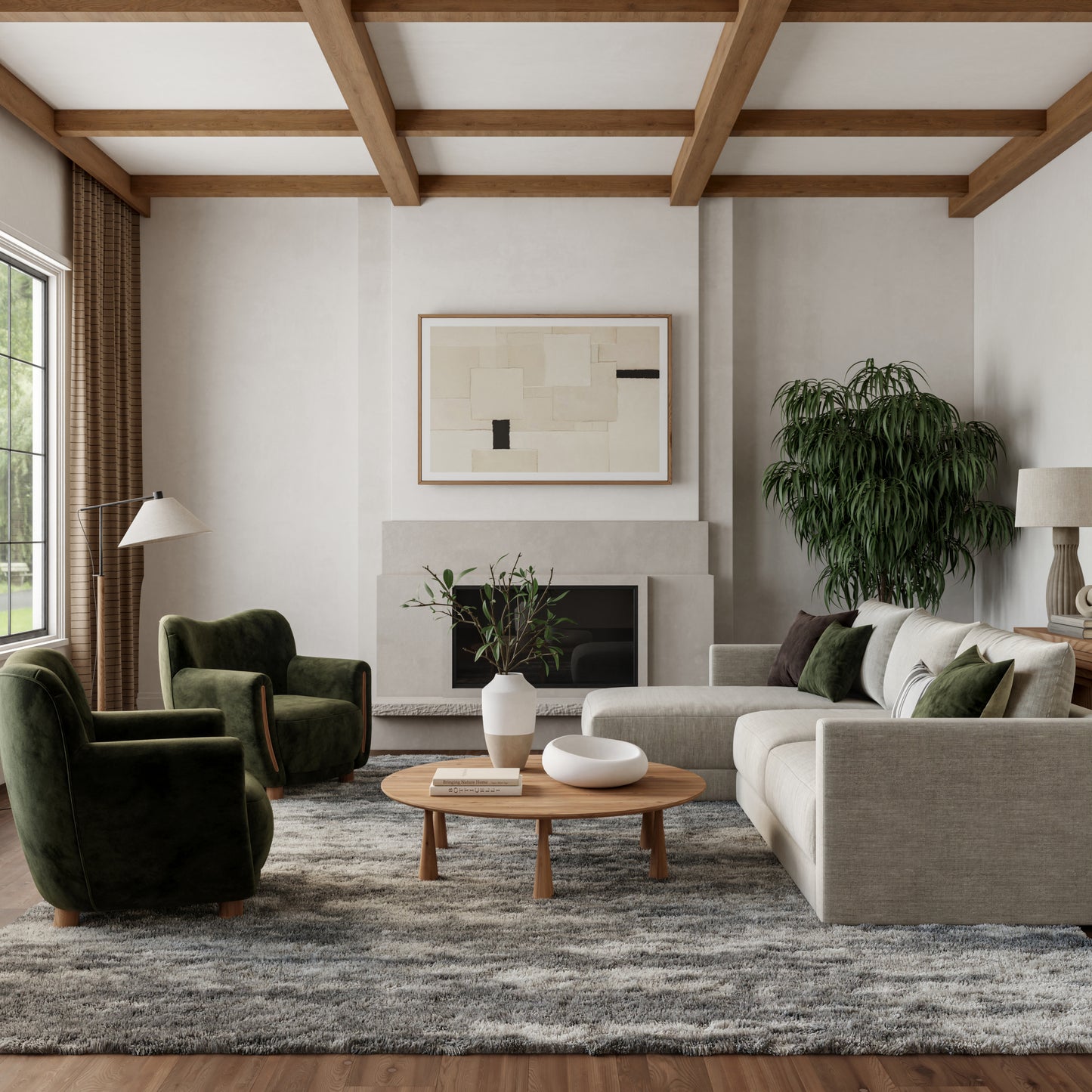 Neutral living room with beige sofa, green velvet chairs, round wooden coffee table, abstract art, fireplace, plant.