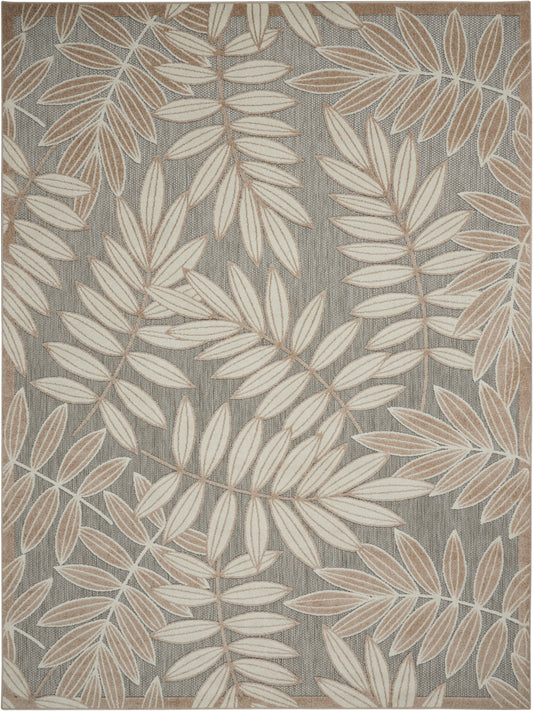 Rectangular rug with gray backdrop, beige botanical leaves, and light tan border; woven texture.