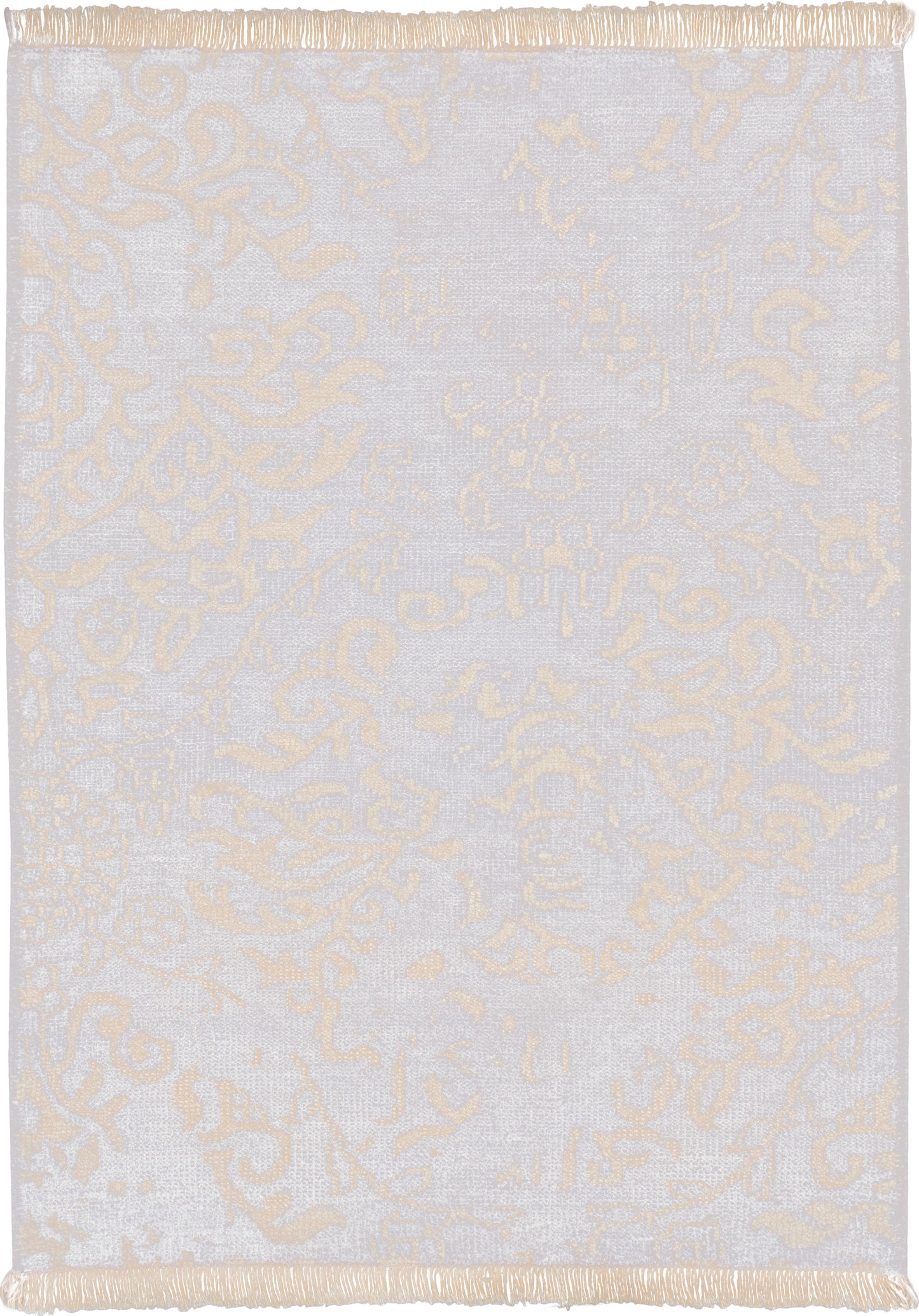 Rectangular rug in light gray with cream damask pattern and fringed edges for living room or bedroom.