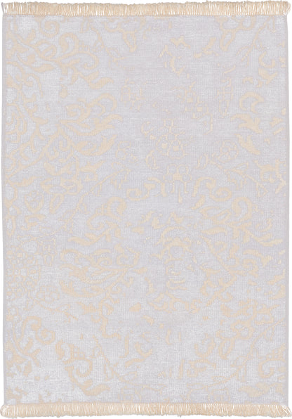 Rectangular rug in light gray with cream damask pattern and fringed edges for living room or bedroom.