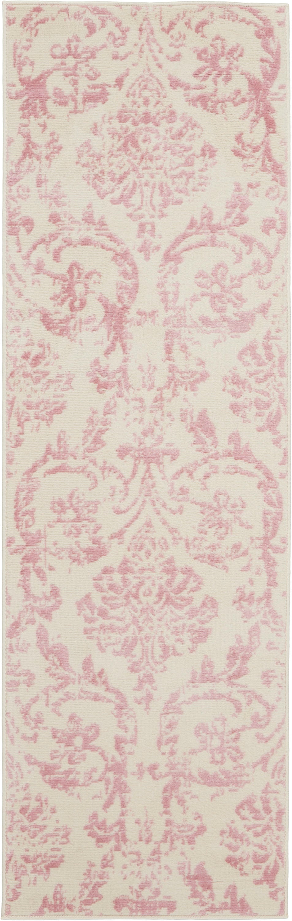 Cream rectangular runner rug with pink damask pattern, woven texture, elegant Victorian-inspired style.