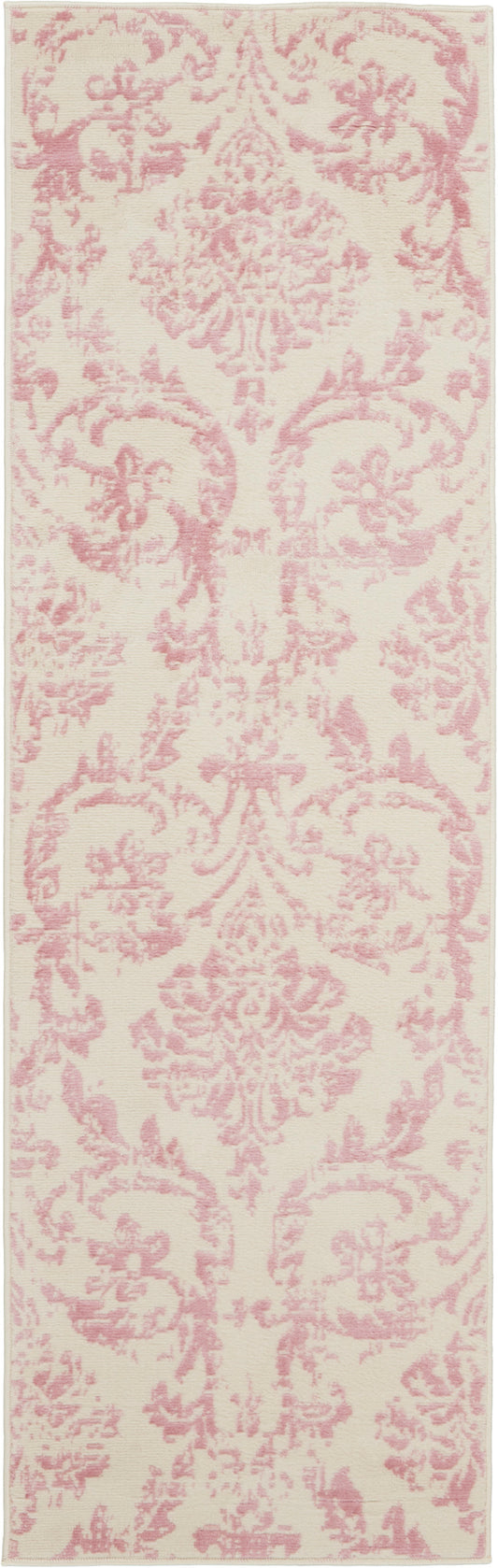 Cream rectangular runner rug with pink damask pattern, woven texture, elegant Victorian-inspired style.