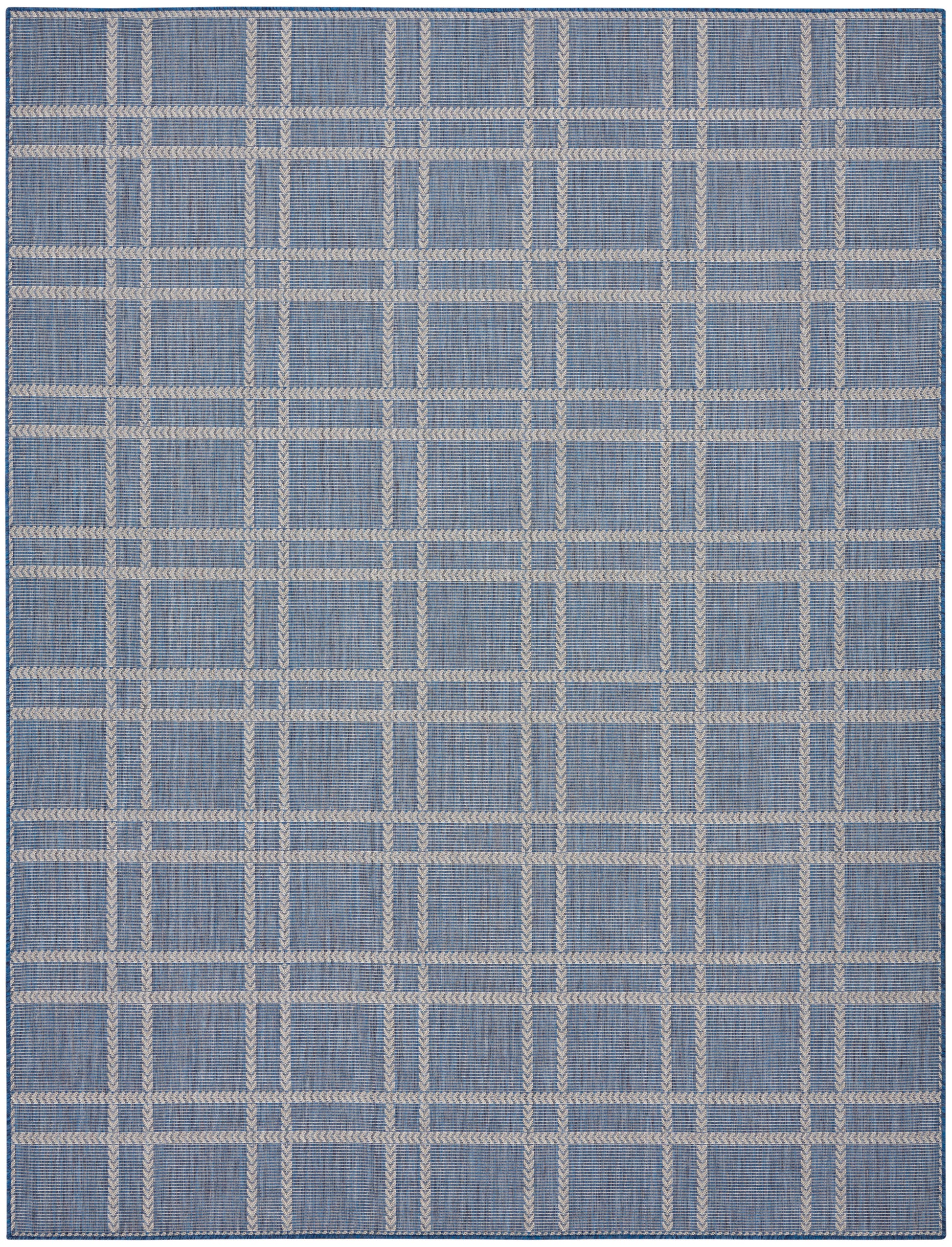 Blue woven rug with beige plaid grid, flat-weave texture; rectangular, modern casual rug for living spaces.