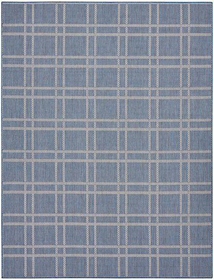 Blue woven rug with beige plaid grid, flat-weave texture; rectangular, modern casual rug for living spaces.