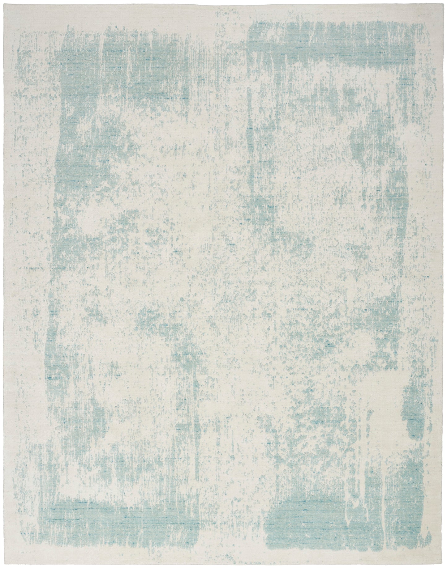 Cream area rug with pale blue abstract brush strokes and distressed texture.