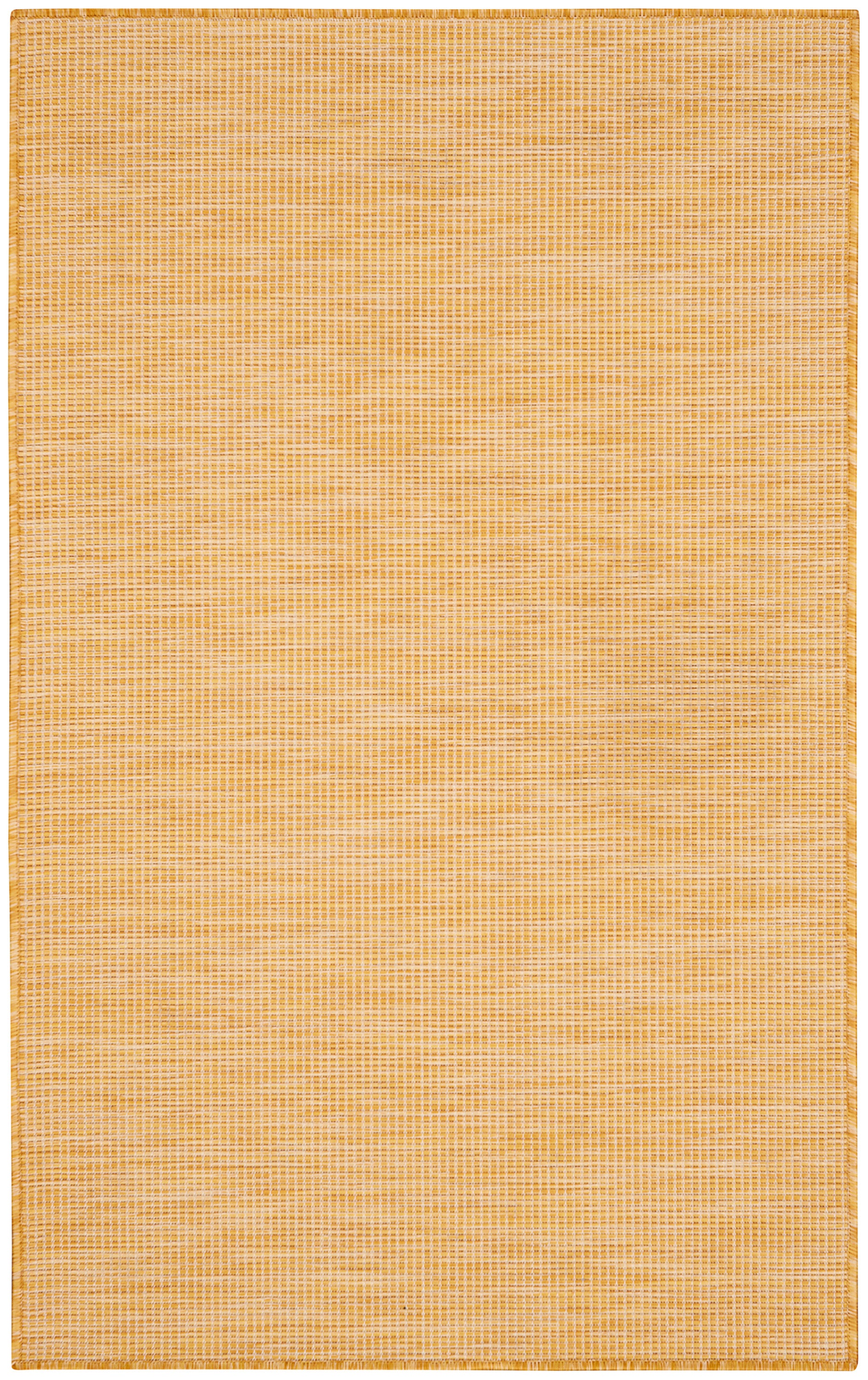 Rectangular woven rug in warm orange-tan with subtle grid texture and narrow border.