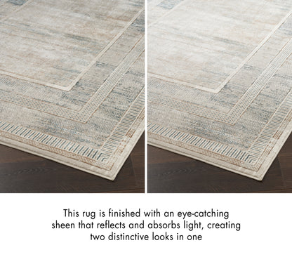 Beige-gray woven area rug with a subtle blue tint, bordered edges and a light-reflective sheen.