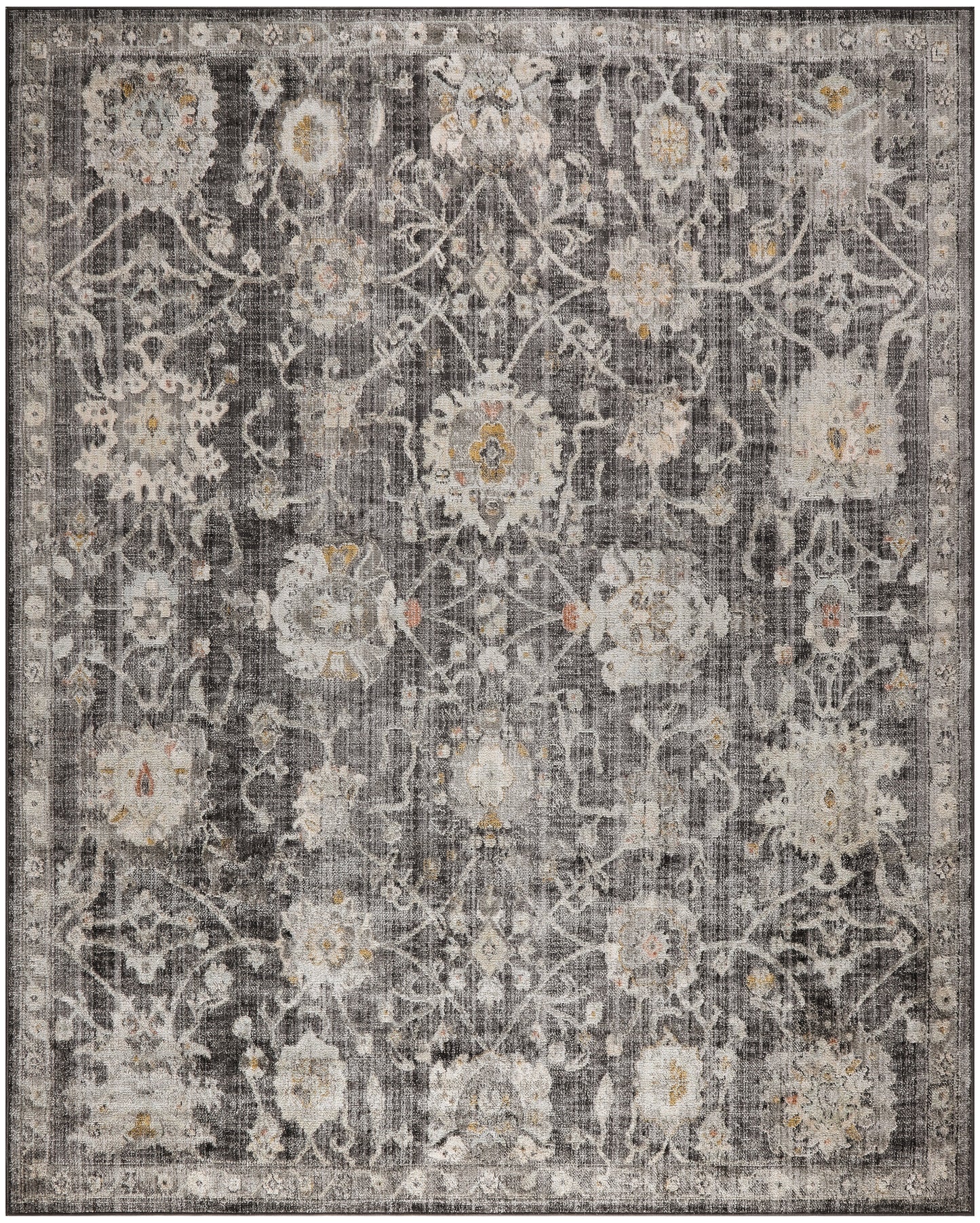 Distressed gray oriental rug with ivory floral medallions, subtle gold accents, and a bordered edge for vintage decoration.