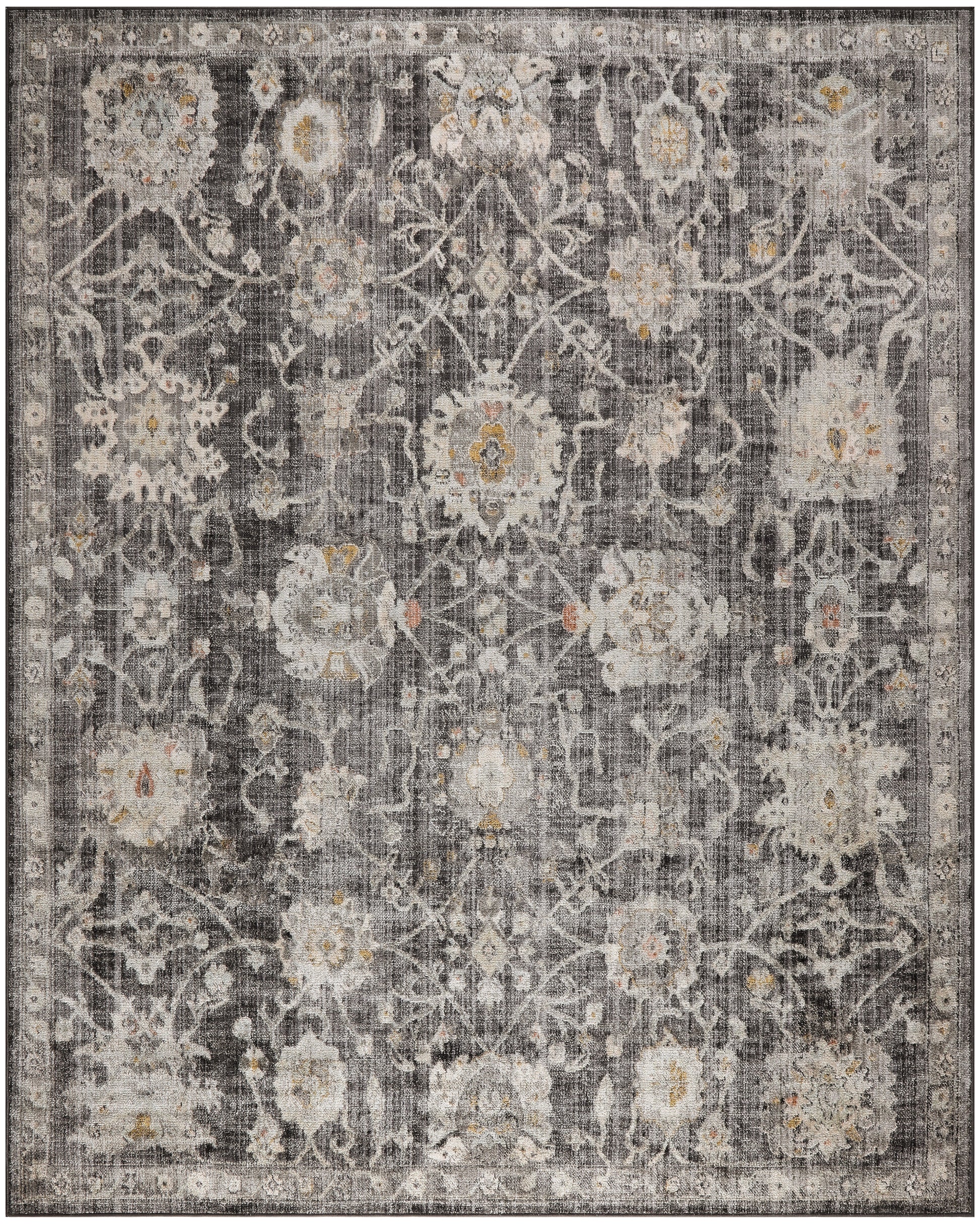 Distressed gray oriental rug with ivory floral medallions, subtle gold accents, and a bordered edge for vintage decoration.