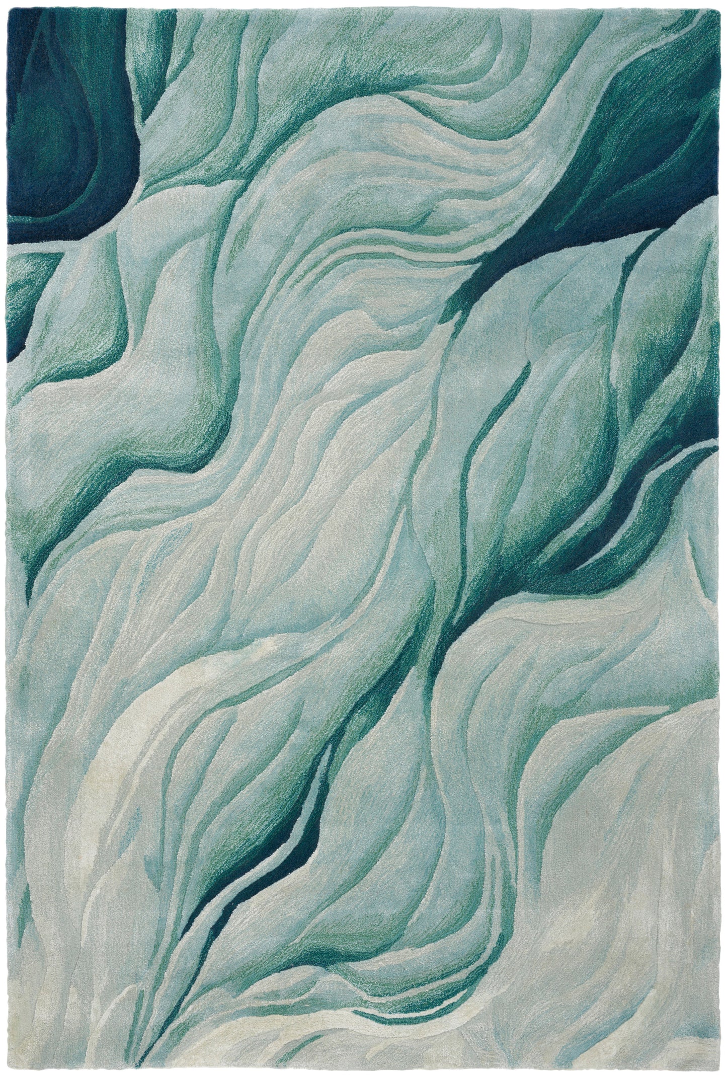 Teal, sea-green and pale blue abstract rug with flowing marble-like swirls; rectangular, modern decor accent.