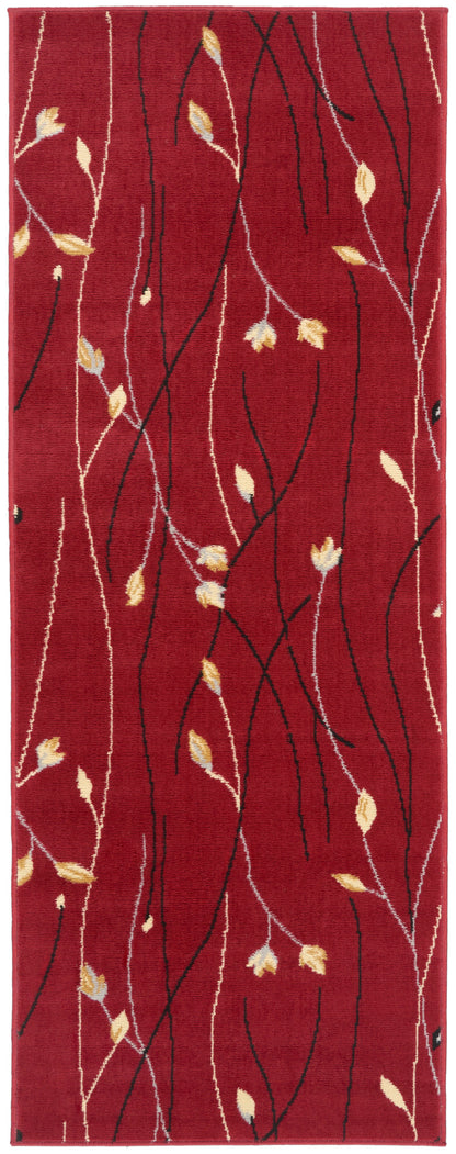Red runner rug with black & white vine lines and pale yellow leaf accents.