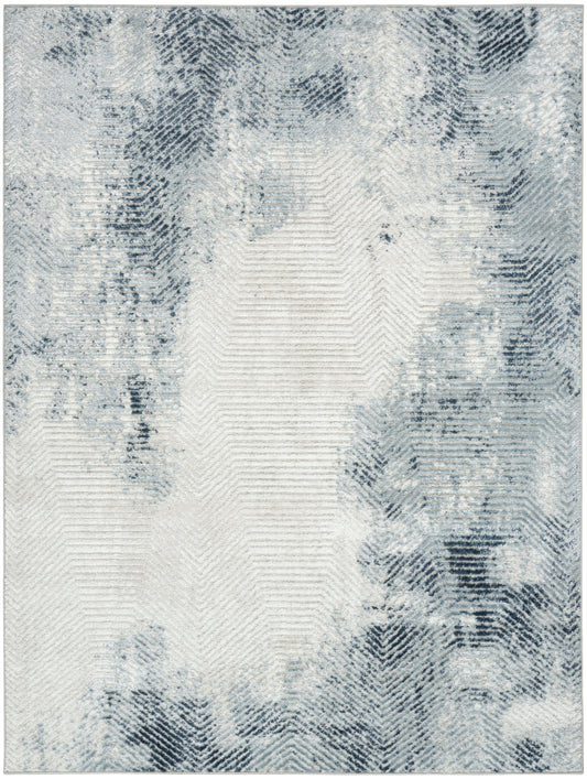 Rectangular area rug with blue-gray watercolor abstract pattern on cream base; soft woven texture, modern contemporary style.